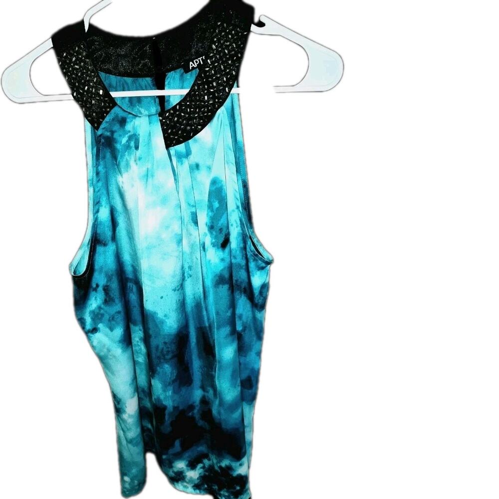 APT.9 Beaded Sleeveless Tie Dye Satin Camisole Blouse Blue L